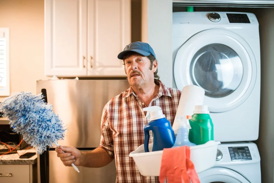 Une femme adulte vêtue d’une combinaison rouge utilise un aspirateur dans un intérieur moderne, en se concentrant sur des tâches de nettoyage.